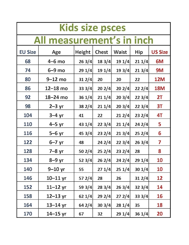 May include: A white chart with black text detailing kids' clothing sizes, including EU size, age, height, chest, waist, hip, and US size. Measurements are in inches. The chart is for children's clothing.