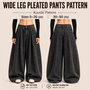 May include: A digital PDF pattern for wide-leg pleated pants. The image shows the front and back views of the pants in a dark gray denim fabric. The pattern is available in US sizes 0-20. The text on the image says "WIDE LEG PLEATED PANTS PATTERN".