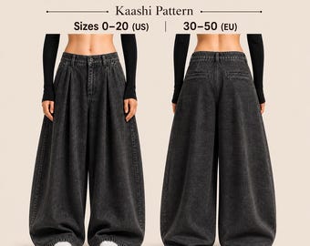Wide Leg Pleated Pants Sewing Pattern, Y2K Baggy Trousers, Low Waist (Digital Download)