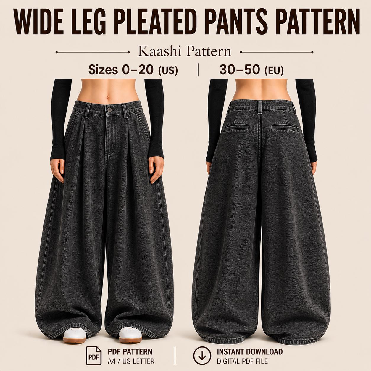 Wide Leg Pleated Pants Sewing Pattern, Y2K Baggy Trousers, Low