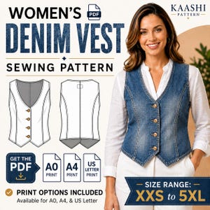 May include: A denim vest sewing pattern with a diagram and a woman wearing a denim vest. The pattern includes print options for A0, A4, and US Letter sizes. The size range is from XXS to 5XL.