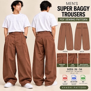Puede incluir: Un patrón de costura en PDF para pantalones muy anchos, con pantalones marrones de pierna ancha, un pliegue grande, bolsillos laterales y bolsillos traseros con pinzas centrales. Tallas 66-137 cm, formatos A4, US Letter y A0 incluidos.