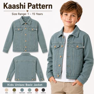 May include: A dusty blue kids' unisex basic jacket with button closures and chest pockets. The image shows the front and back of the jacket, along with a child wearing the jacket. The text reads "Kaashi Pattern" and "Size Range: 1-15 Years."