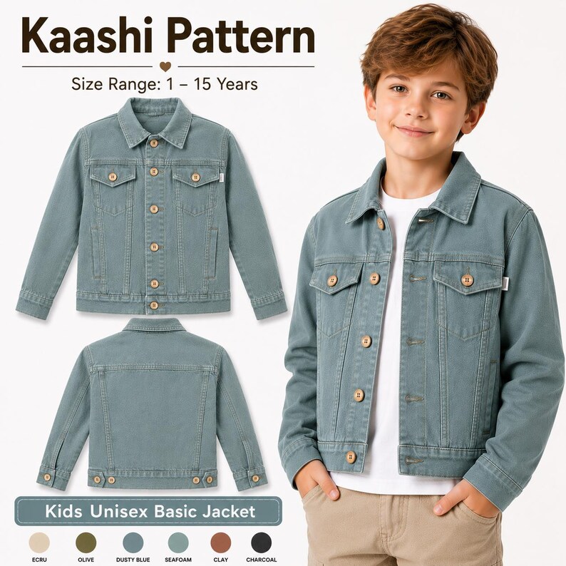 May include: A dusty blue kids' unisex basic jacket with button closures and chest pockets. The image shows the front and back of the jacket, along with a child wearing the jacket. The text reads "Kaashi Pattern" and "Size Range: 1-15 Years."