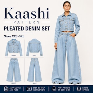 Pleated Denim Set PDF Sewing Pattern, Wide Leg Pants & Cropped Jacket, Women XXS–5XL, Digital Download