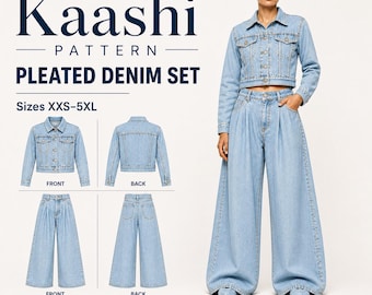 Pleated Denim Set Sewing Pattern, Wide Leg Pants, Cropped Jacket (Digital Download)