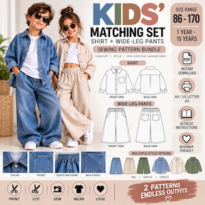 Puede incluir: Un patrón de costura digital para un conjunto infantil a juego que incluye una camisa abotonada y pantalones anchos. La imagen muestra a dos niños con las prendas, dibujos técnicos de los patrones e iconos de descarga en formato PDF.