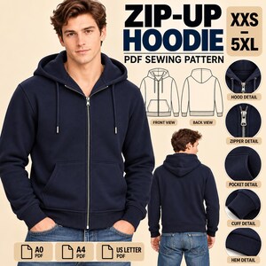 May include: A navy blue zip-up hoodie PDF sewing pattern featuring front and back views, size range XXS to 5XL, and detailed close-ups of the hood, metal zipper, front pocket, ribbed cuffs, and hem. Includes A0, A4, and US Letter PDF formats.