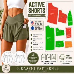 May include: A PDF sewing pattern for active shorts featuring a high-waist crossover waistband, gathered loose outer shorts, and fitted inner shorts with a side pocket. Includes USA sizes 0 to 20, printable A0, A4, and US Letter formats, and instructions.