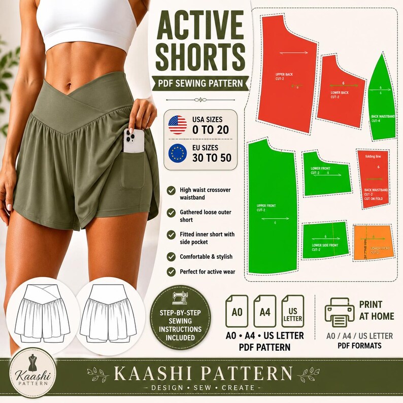 May include: A PDF sewing pattern for active shorts featuring a high-waist crossover waistband, gathered loose outer shorts, and fitted inner shorts with a side pocket. Includes USA sizes 0 to 20, printable A0, A4, and US Letter formats, and instructions.