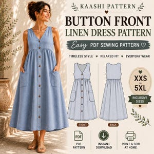 Puede incluir: Un vestido de lino azul claro sin mangas con cuello en V, cierre frontal de botones y dos bolsillos laterales. La imagen incluye el texto: KAASHI PATTERN BUTTON FRONT LINEN DRESS PATTERN, Easy PDF SEWING PATTERN, XXS-5XL e iconos de PDF e impresi&oacute;n.