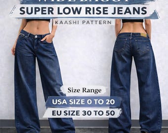 Women's Wide Baggy Low Rise Jeans PDF Sewing Pattern (Sizes 0-20)
