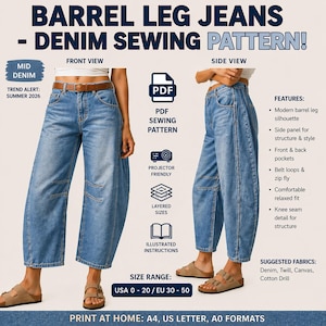 May include: A denim sewing pattern for barrel leg jeans. The image displays front and side views of the jeans, highlighting features such as a modern barrel leg silhouette, side panels, and knee seam detail. The pattern includes layered sizes and illustrated instructions. Size range: EU 30-50.