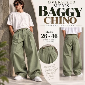 Puede incluir: Patrón de costura para pantalón chino holgado oversize, tallas de cintura de 26 a 46 pulgadas. El diseño muestra pantalones verde salvia con pliegues frontales, cierre de botón, trabillas para cinturón y bolsillos traseros visibles.