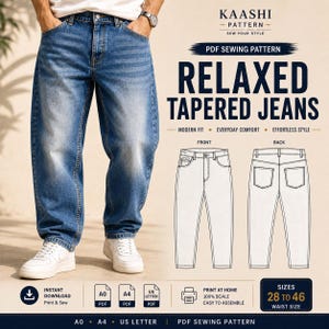 Könnte beinhalten: Ein PDF-Schnittmuster für eine locker geschnittene, zulaufende Jeans von Kaashi Pattern. Das Bild zeigt eine blaue Jeans mit verwaschener Optik sowie technische Strichzeichnungen der Vorder- und Rückansicht. Enthält Größen 28 bis 46.