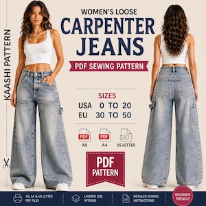Puede incluir: Un patrón de costura en PDF para jeans tipo carpintero holgados en mezclilla azul claro. El patrón incluye tallas USA 0 a 20 y EU 30 a 50, con formatos A0, A4 y US Letter. El diseño presenta piernas anchas, bolsillos laterales y cintura alta.