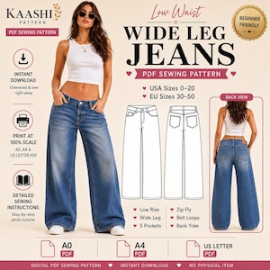 May include: A digital PDF sewing pattern for low-waist wide-leg jeans, featuring a front and back view of the denim garment. The pattern includes EU sizes 30-50, a zip fly, belt loops, five pockets, and a back yoke, with instructions for printing.