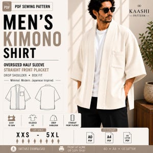 May include: A PDF sewing pattern for an oversized kimono shirt with half sleeves, a straight front placket, drop shoulders, and a box fit. The design includes a chest pocket, with size ranges from XXS to 5XL and formats for A0, A4, and US Letter.
