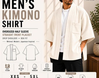 Men's Kimono Shirt Sewing Pattern, Oversized Half Sleeve, Japanese Inspired (PDF Download)