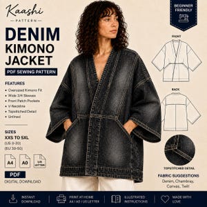 May include: A dark gray denim kimono jacket with an oversized fit, wide 3/4 sleeves, V-neckline, and front patch pockets. The design features visible topstitched details. This is a digital PDF sewing pattern for sizes XXS to 5XL, US 0-20.