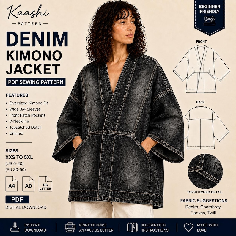 May include: A dark gray denim kimono jacket with an oversized fit, wide 3/4 sleeves, V-neckline, and front patch pockets. The design features visible topstitched details. This is a digital PDF sewing pattern for sizes XXS to 5XL, US 0-20.