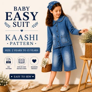 May include: A denim baby easy suit pattern with the text "BABY EASY SUIT KAASHI PATTERN". The pattern is for sizes 2 to 15 years. The image shows a denim jacket and culottes. The pattern includes PDF instructions and is beginner-friendly.