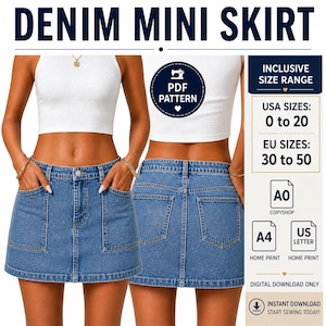 May include: A light blue denim mini skirt with front and back pockets. The image includes the text "DENIM MINI SKIRT" and size range information. The skirt is available in USA sizes 0 to 20 and EU sizes 30 to 50.