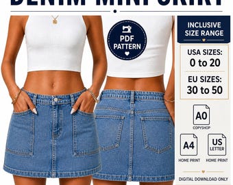 Denim Mini Skirt Sewing Pattern, Y2K Utility Style, PDF Digital Download