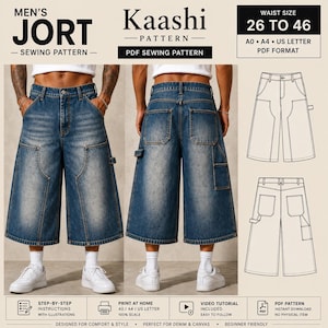 May include: A digital sewing pattern for denim jorts featuring a front and back view of the shorts on a model, alongside technical line drawings. The text includes Kaashi Jort Sewing Pattern, PDF Sewing Pattern, and Waist Size 26 to 46.