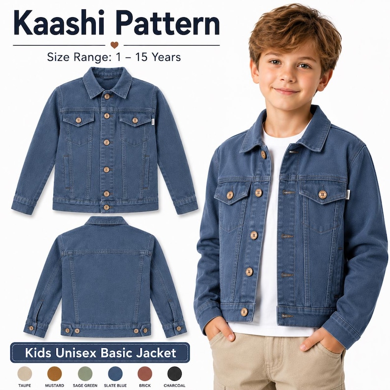 May include: A blue denim jacket with wooden buttons is displayed. The image shows the jacket from multiple angles, including a child wearing it. The text "Kaashi Pattern" and "Kids Unisex Basic Jacket" are visible. Size range: 1-15 years.