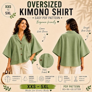 Może przedstawiać: Oliwkowa koszula kimono w rozmiarze oversize z szerokimi rękawami, naszywanymi kieszeniami i zapięciem na guziki z przodu. Koszula dostępna jest w rozmiarach od XXS do 5XL i wykonana jest z wzoru PDF. Tekst na zdjęciu brzmi "Przyjazny dla początkujących".