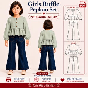 Può includere: Un modello di cucito digitale per un set peplum con volant per ragazze. L'immagine mostra una ragazza che indossa un top peplum verde chiaro con bottoni marroni e jeans svasati blu scuro. Il modello include taglie da 1 a 15 anni.