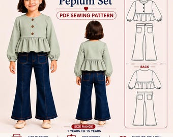 Girls Ruffle Peplum Top and Bootcut Jeans Sewing Pattern (Sizes 1-15 Years)