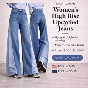Patrón para confeccionar pantalones vaqueros anchos reciclados para mujer / Costura de mezclilla bicolor (PDF digital)