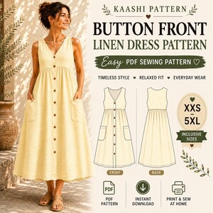 Puede incluir: Un patr&oacute;n de costura digital para un vestido de lino sin mangas con botones frontales. La imagen muestra el texto KAASHI PATTERN, BUTTON FRONT LINEN DRESS PATTERN e incluye dibujos t&eacute;cnicos de la parte delantera y trasera en tallas de XXS a 5XL.