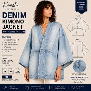 May include: A light blue denim kimono jacket PDF sewing pattern by Kaashi Pattern. Features include an oversized fit, wide 3/4 sleeves, front patch pockets, V-neckline, and topstitched details. Includes sizing from XXS to 5XL for US 0-20.
