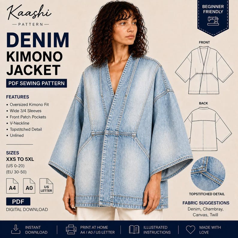 May include: A light blue denim kimono jacket PDF sewing pattern by Kaashi Pattern. Features include an oversized fit, wide 3/4 sleeves, front patch pockets, V-neckline, and topstitched details. Includes sizing from XXS to 5XL for US 0-20.
