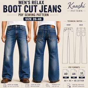 Peut inclure: Un patron de couture PDF pour un jean bootcut en tailles 26-46. L'image montre les vues avant et arrière d'un jean en denim bleu délavé, un croquis technique des vues avant et arrière, et des icônes pour les formats PDF A0, A4 et US letter.