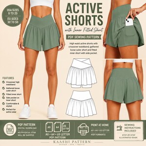 May include: Sage green active shorts PDF sewing pattern featuring a crossover high waistband, gathered loose outer layer, and fitted inner short with a side pocket. Includes technical line drawings, size range 0 to 20, and printing instructions.