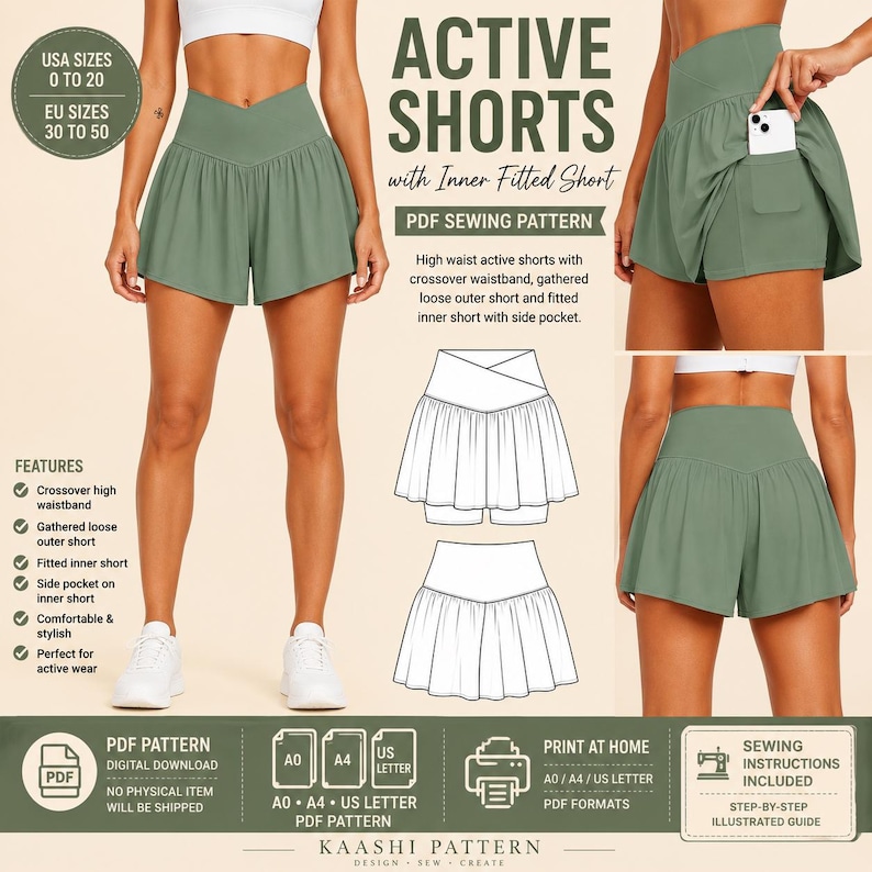 May include: Sage green active shorts PDF sewing pattern featuring a crossover high waistband, gathered loose outer layer, and fitted inner short with a side pocket. Includes technical line drawings, size range 0 to 20, and printing instructions.
