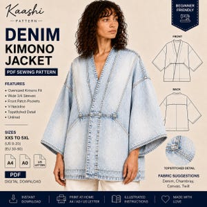 May include: A light-wash denim kimono jacket sewing pattern by Kaashi Pattern. Features include an oversized fit, wide 3/4 sleeves, front patch pockets, a V-neckline, and topstitched details. Includes sizing from XXS to 5XL, US 0-20, and EU 30-50.