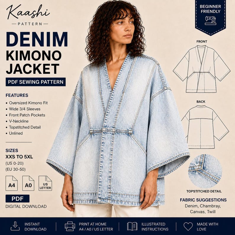May include: A light-wash denim kimono jacket sewing pattern by Kaashi Pattern. Features include an oversized fit, wide 3/4 sleeves, front patch pockets, a V-neckline, and topstitched details. Includes sizing from XXS to 5XL, US 0-20, and EU 30-50.