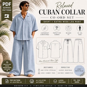 May include: A light dusty blue relaxed Cuban collar co-ord set, including a shirt and extra wide leg pants. The image also features a PDF sewing pattern with step-by-step photo instructions. The set is lightweight and breathable.
