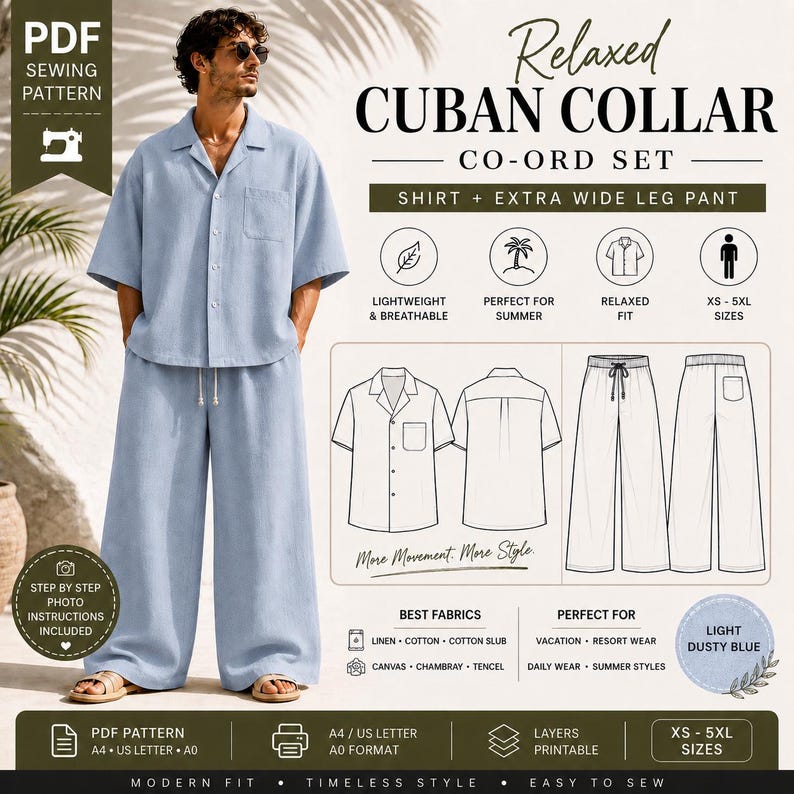 May include: A light dusty blue relaxed Cuban collar co-ord set, including a shirt and extra wide leg pants. The image also features a PDF sewing pattern with step-by-step photo instructions. The set is lightweight and breathable.
