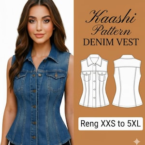 Pode incluir: Um colete de ganga sem mangas com fecho de botões, dois bolsos no peito e cintura ajustada. A imagem inclui uma ilustração de padrão e o texto "Kaashi Pattern DENIM VEST" e "Reng XXS to 5XL".
