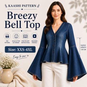 以下が含まれることがあります： Vネックとフレア袖のデニムBreezy Bell Top。トップはボタン留めになっており、モデルが着用しています。画像には「KAASHI PATTERN」、「Breezy Bell Top」、「Size: XXS-4XL」というテキストが含まれています。