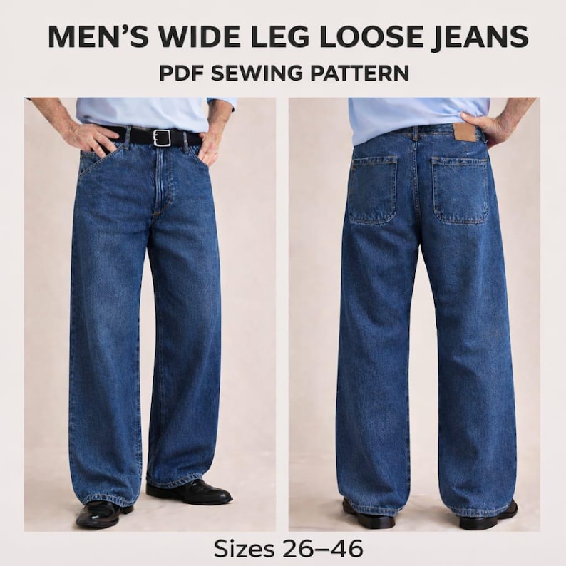 K&ouml;nnte beinhalten: Zwei Ansichten einer weit geschnittenen, locker sitzenden Jeans in mittlerem Blau. Die Jeans hat ein klassisches F&uuml;nf-Taschen-Design und wird von vorne und hinten gezeigt. Der Text "MEN'S WIDE LEG LOOSE JEANS PDF SEWING PATTERN" steht oben, mit "Sizes 26-46" unten.