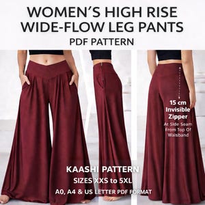 Women's High Rise Wide Flow Leg Pants Sewing Pattern (XXS-5XL)