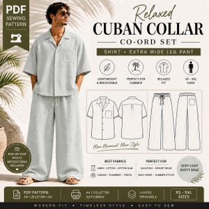 May include: A light dusty sage Cuban collar co-ord set, including a shirt and extra wide leg pants. The image shows a person wearing the outfit. The PDF sewing pattern includes step-by-step photo instructions and is available in XS-5XL sizes.
