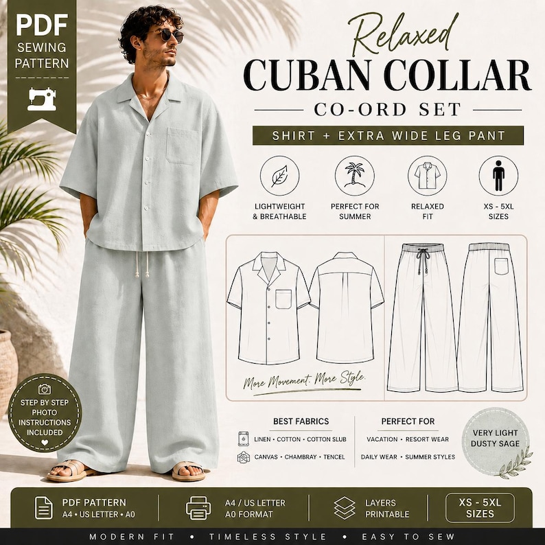 May include: A light dusty sage Cuban collar co-ord set, including a shirt and extra wide leg pants. The image shows a person wearing the outfit. The PDF sewing pattern includes step-by-step photo instructions and is available in XS-5XL sizes.